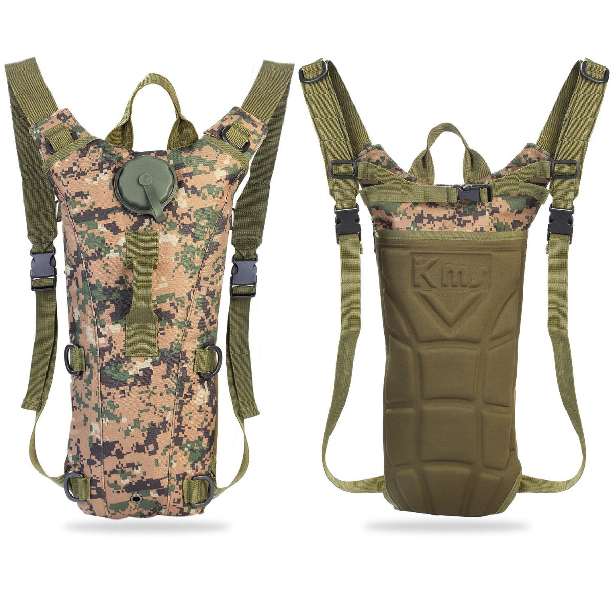 Two camouflage hydration bladders with straps on a white background