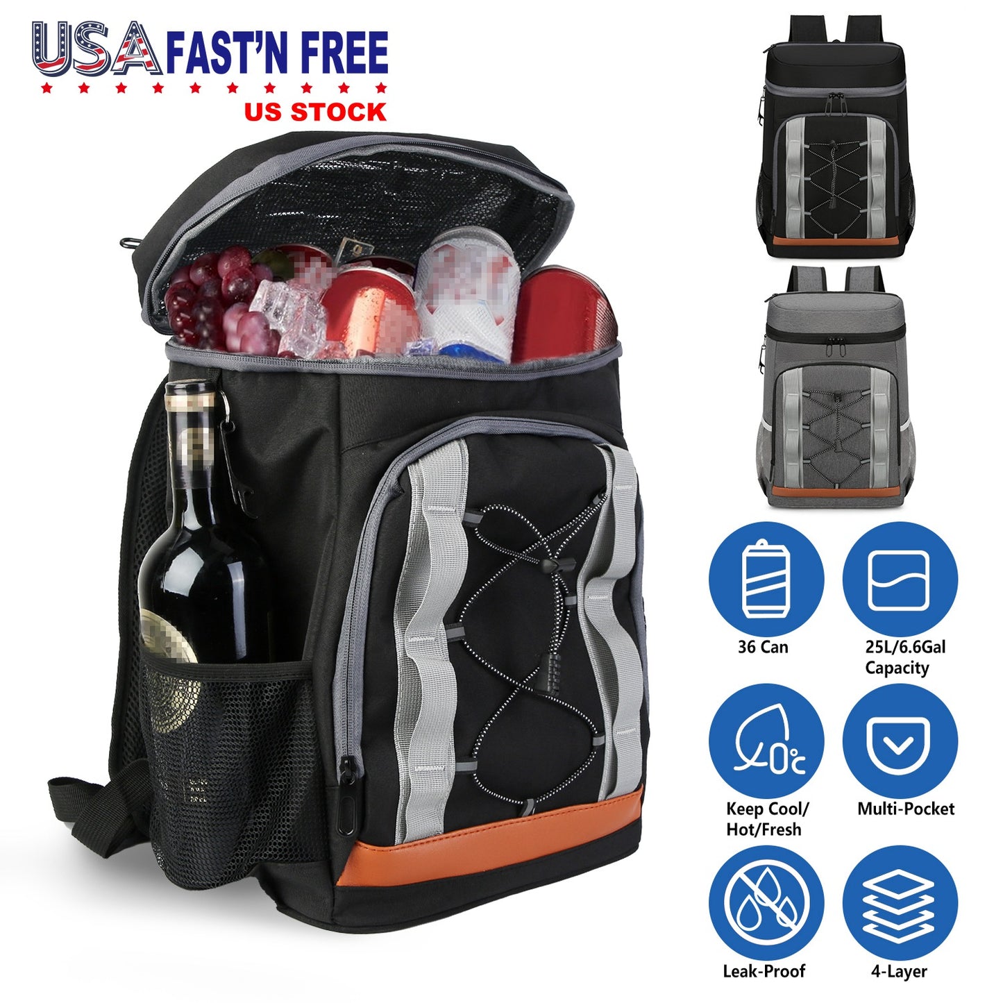 Black and gray backpack cooler with wine bottle and food items, shown with additional angles and features.