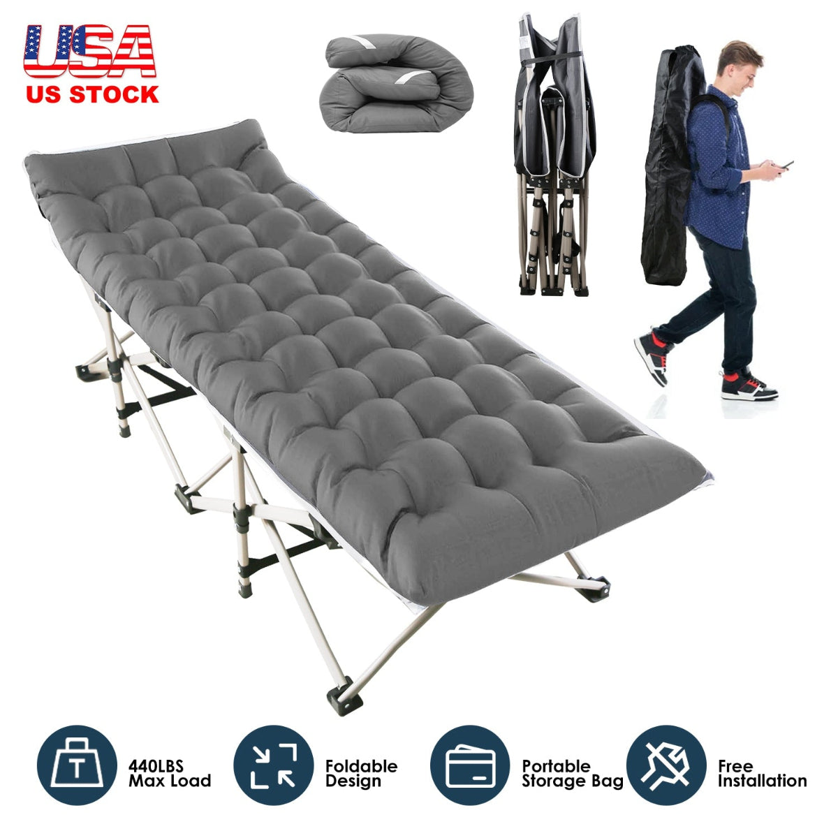 Gray camping cot with accessories on a white background