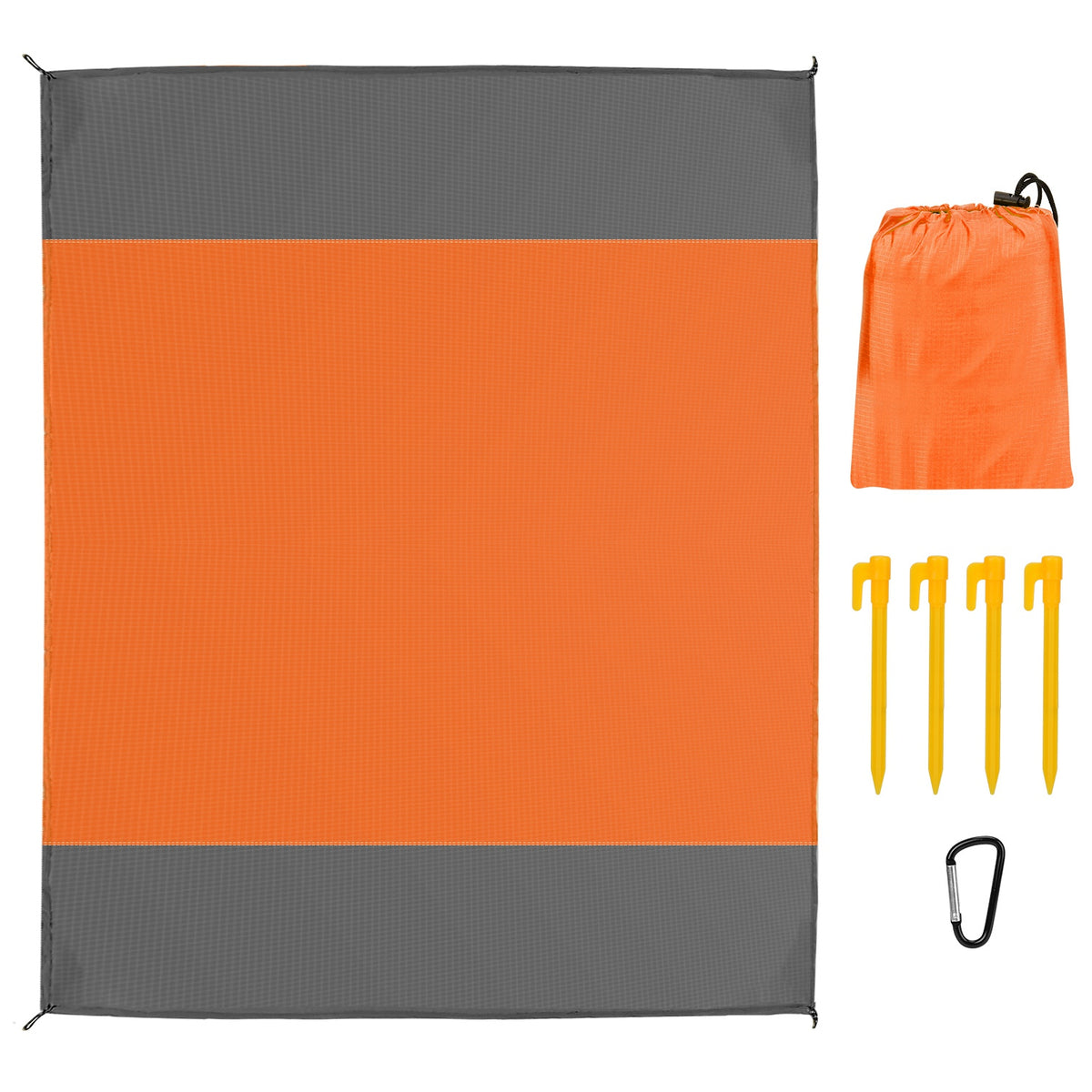Orange and gray outdoor mat with drawstring bag, stakes, and carabiner on a white background