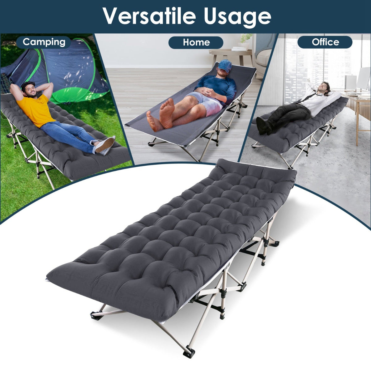 Folding bed shown in various settings including camping, home, and office with text 'Versatile Usage'.