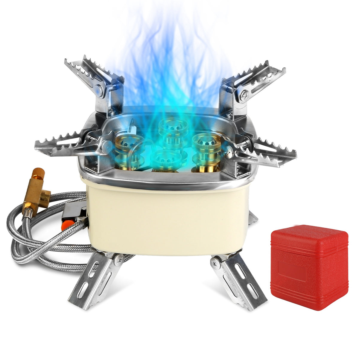 Portable gas stove with blue flame and red carrying case on a white background