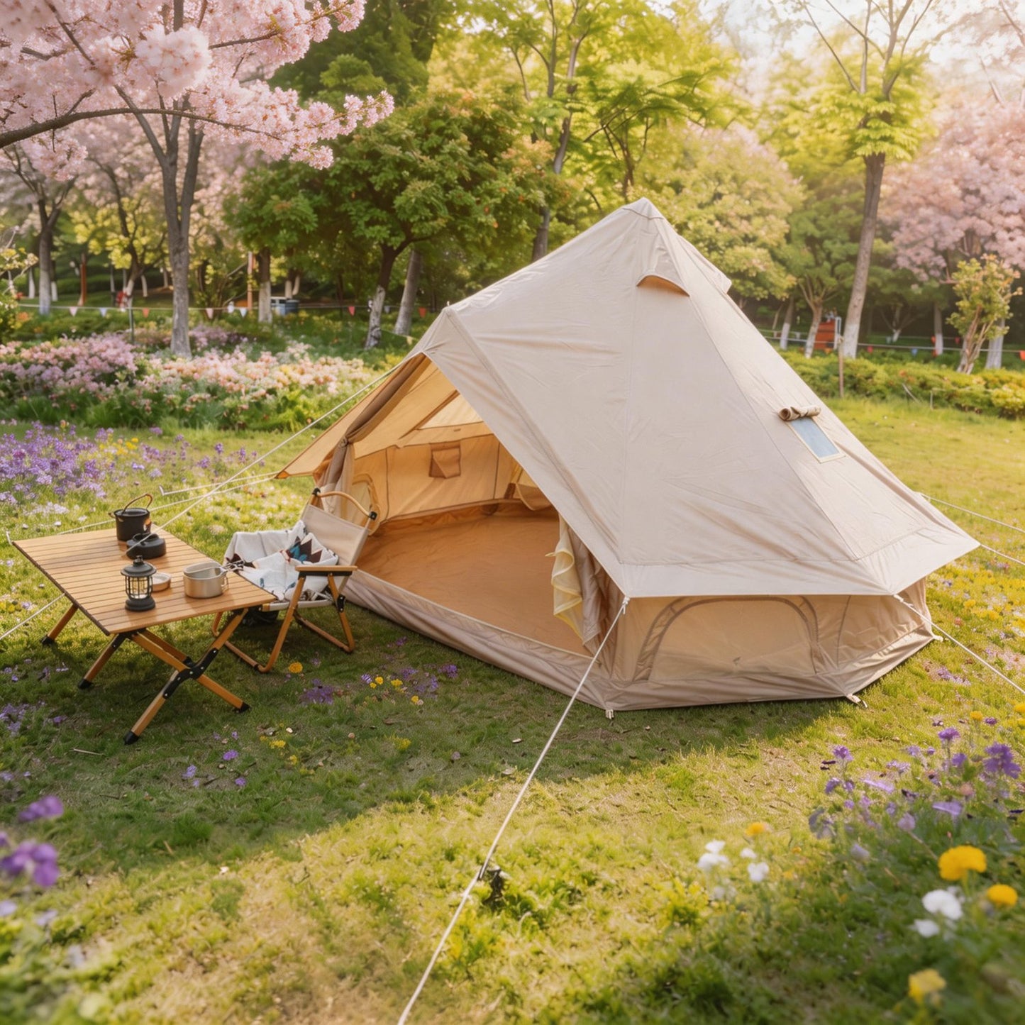 Beige 9.8 FT Oxford Bell Tent with Stove Jack – 3–4 Person