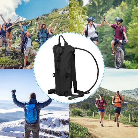 Collage of people outdoors with a focus on a black hydration bladder.
