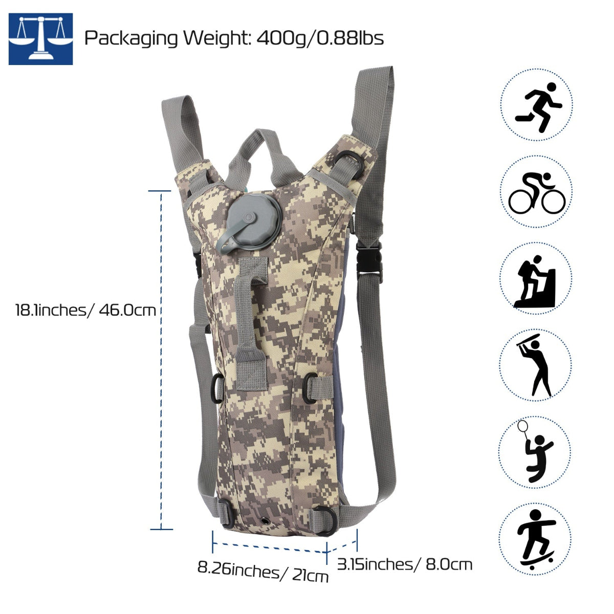 Camouflage hydration backpack with measurements and icons on a white background