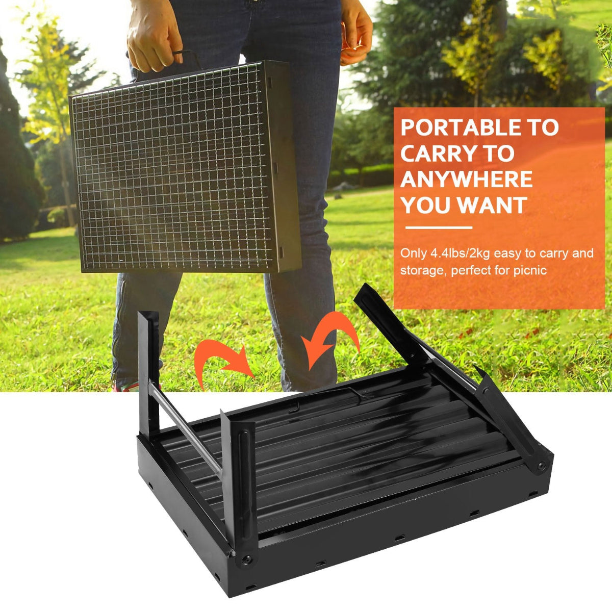 Portable grill with text highlighting its portability on a grassy background