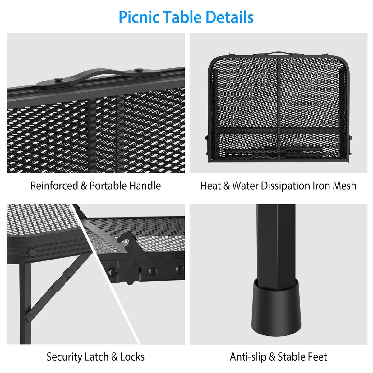 Picnic table details with features like handle, mesh, latch, and feet on a white background.