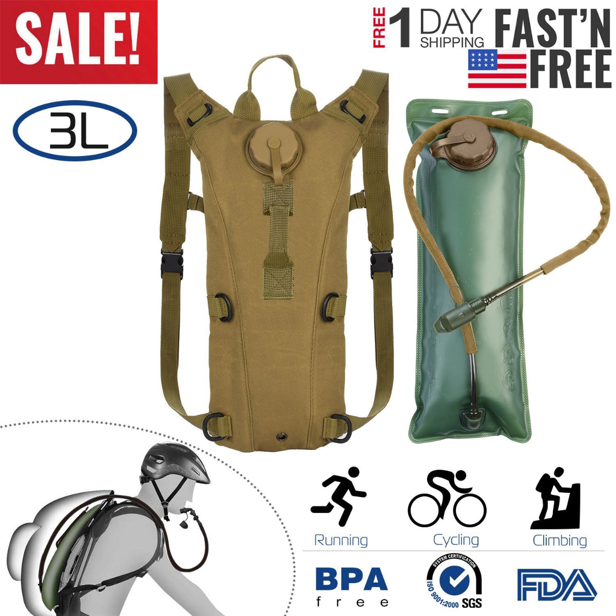 Hydration backpack with 3L water bladder on a white background with promotional text.