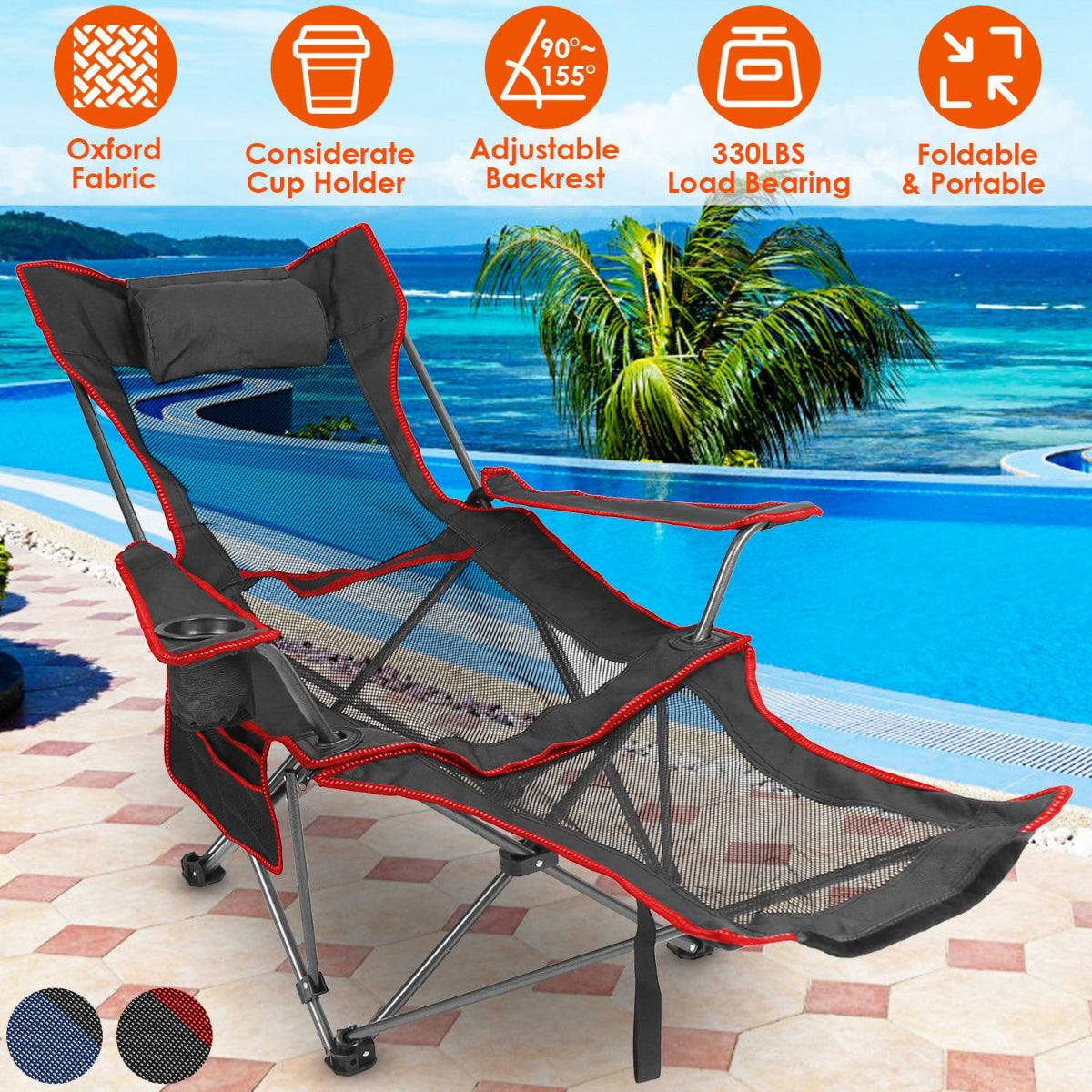 Foldable camping chair with features listed on a poolside background