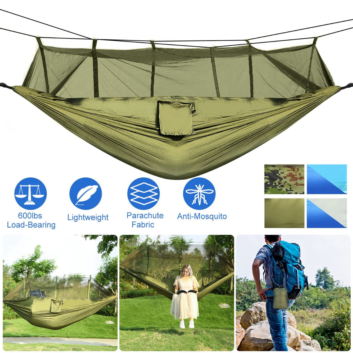 Green hammock with mosquito netting on a white background, featuring product details and usage scenarios.