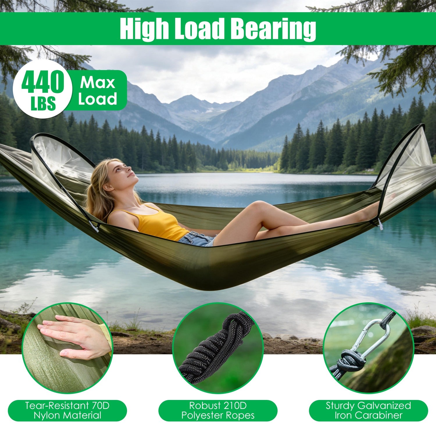 Person relaxing in a hammock by a lake with mountain scenery, featuring product features and specifications.