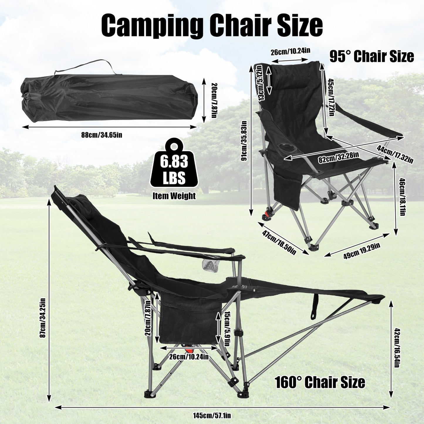 Lake Forest Black Reclining Camping Chair with Detachable Footrest