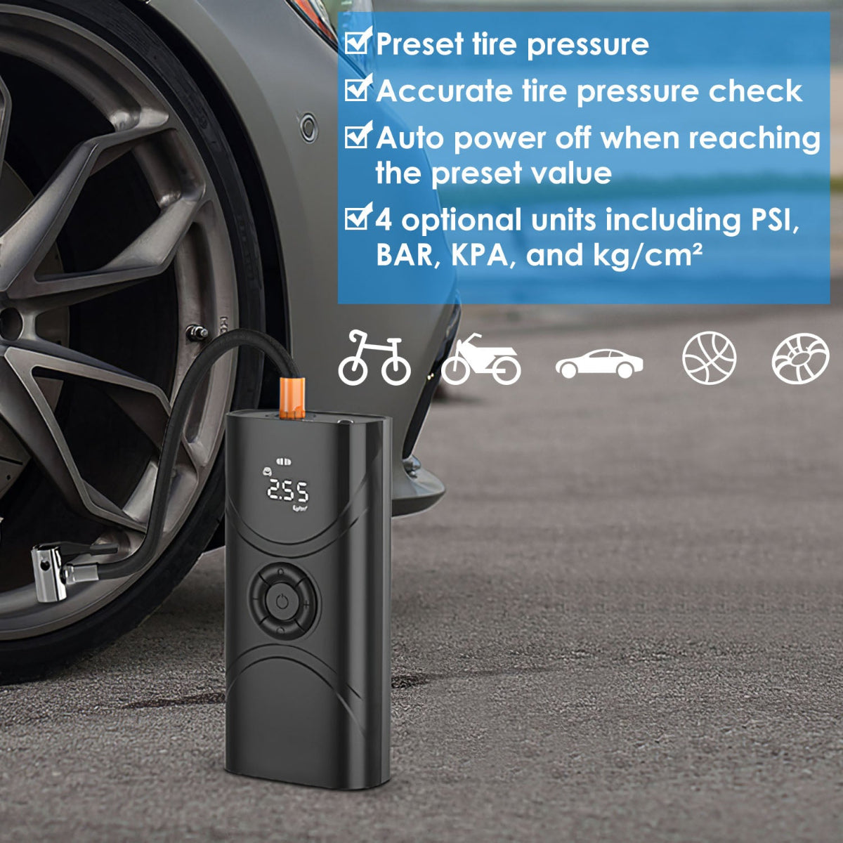 Tire pressure monitor device next to a car tire on a road with features listed.