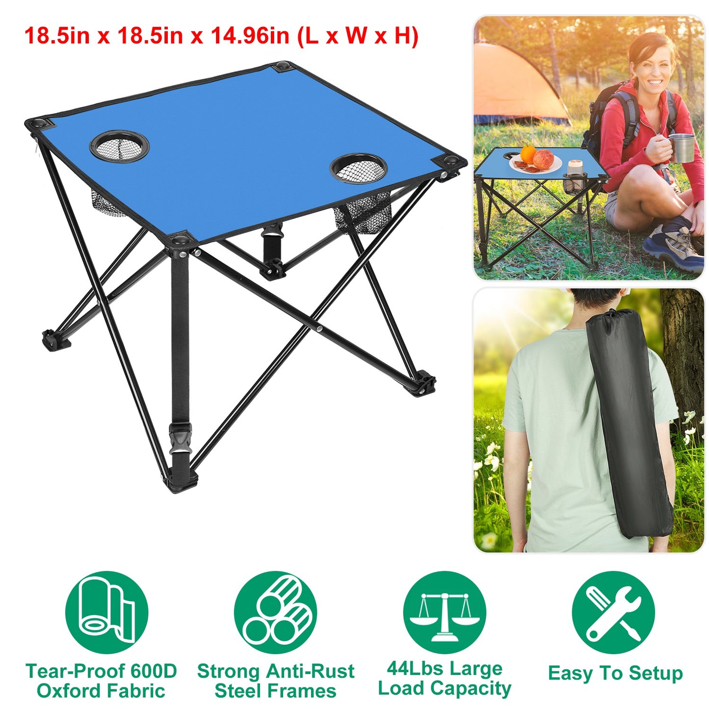 Lake Forest Blue Portable Folding Camping Table with 2 Cup Holders