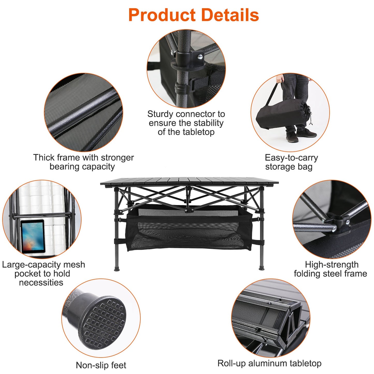 Product details of a black adjustable table with various features highlighted.