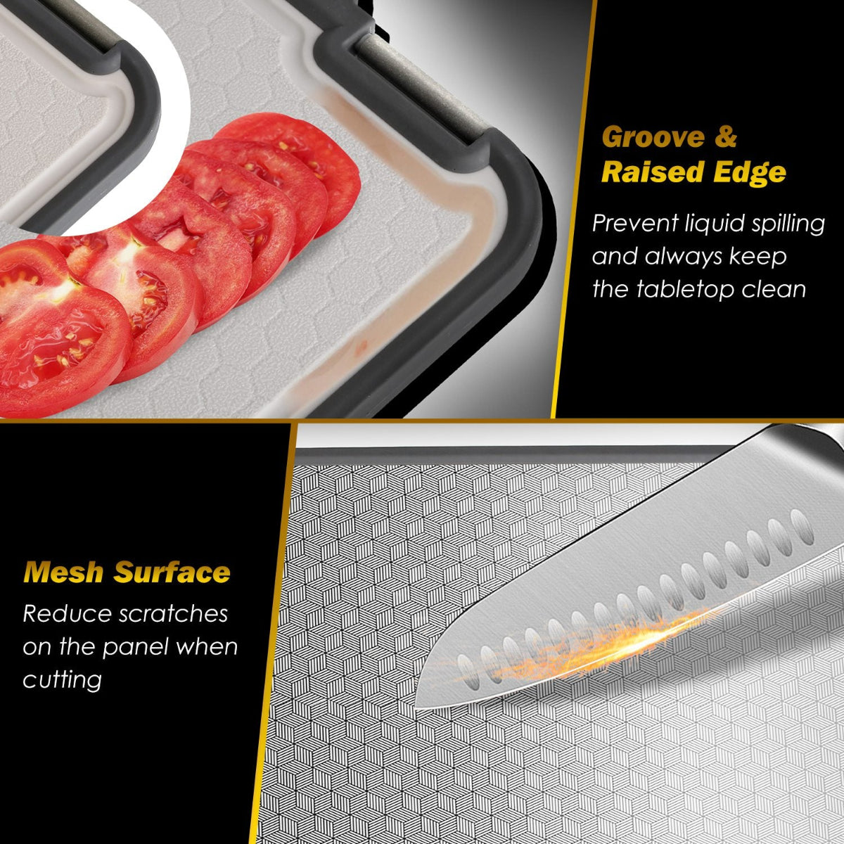 Cutting board with sliced tomatoes and text highlighting features like groove, raised edge, and mesh surface.