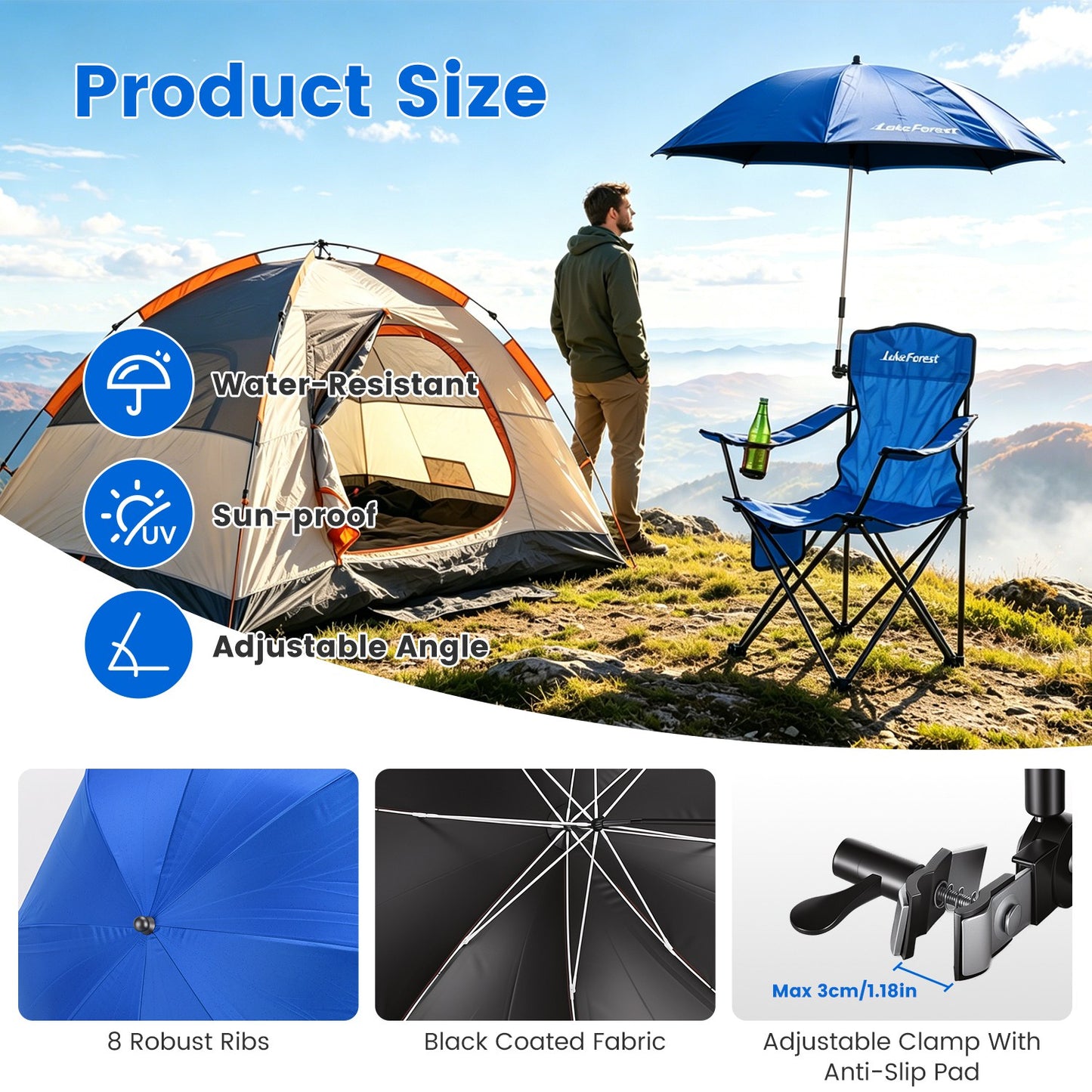 Lake Forest Royal Blue Foldable Camping Chair with Detachable Umbrella