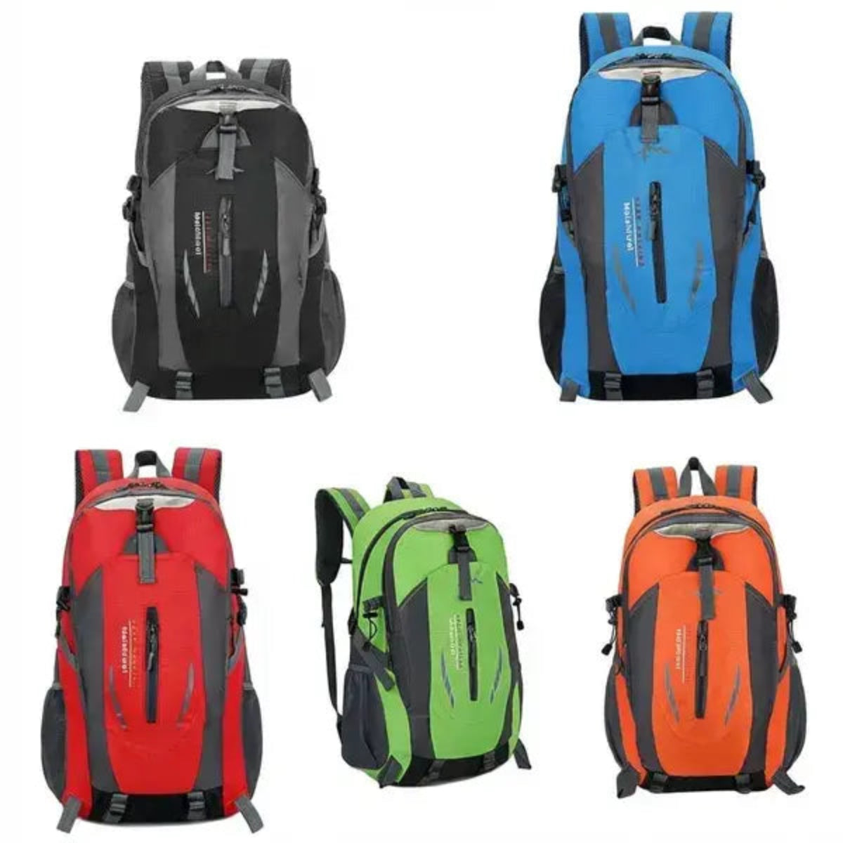 Five backpacks in the available colors on a white background