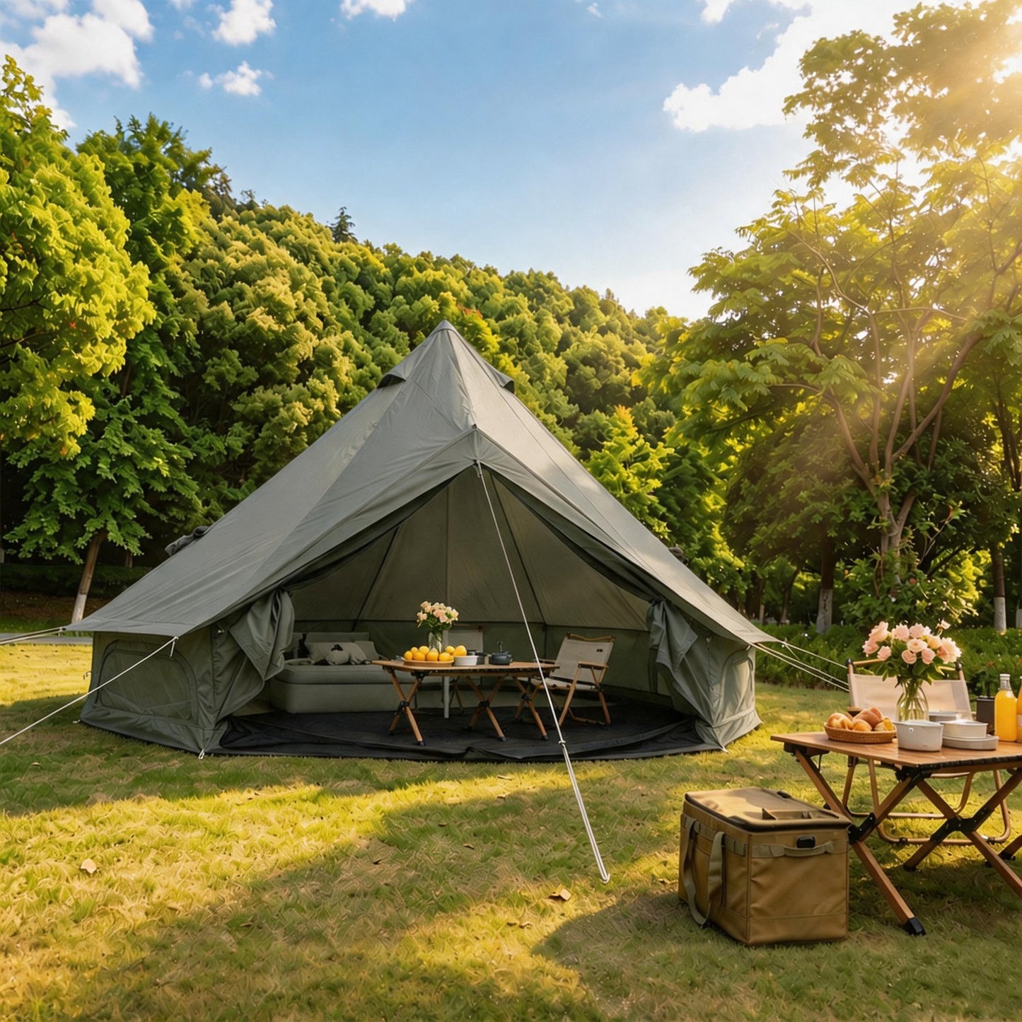 Dark Green 9.8 FT Oxford Bell Tent with Stove Jack – 3–4 Person