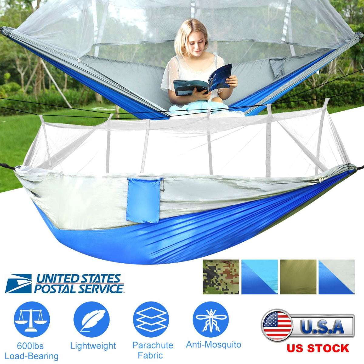 Blue and white hammock with canopy, person reading a book, and U.S. Postal Service logo.