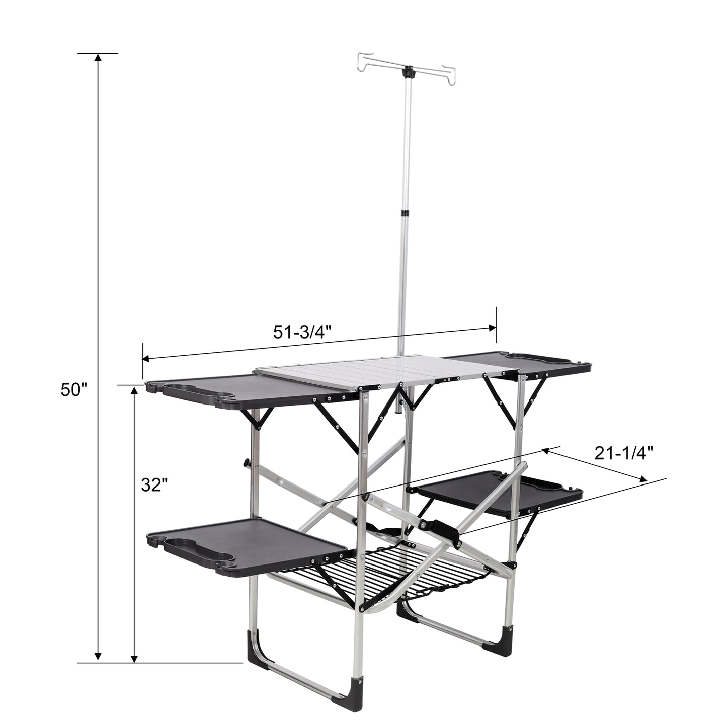 Silver Folding Camping Kitchen Table with Lamp Post & 4 Side Tables