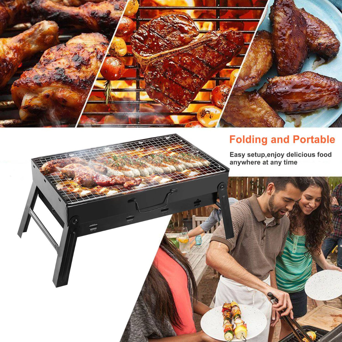 Collage of a folding portable grill with people enjoying food outdoors.