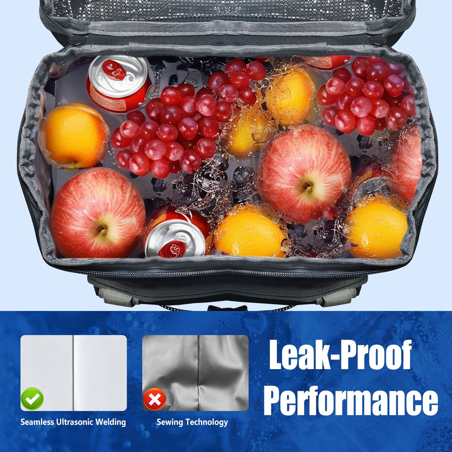 Insulated bag with fruits and drinks labeled for leak-proof performance.