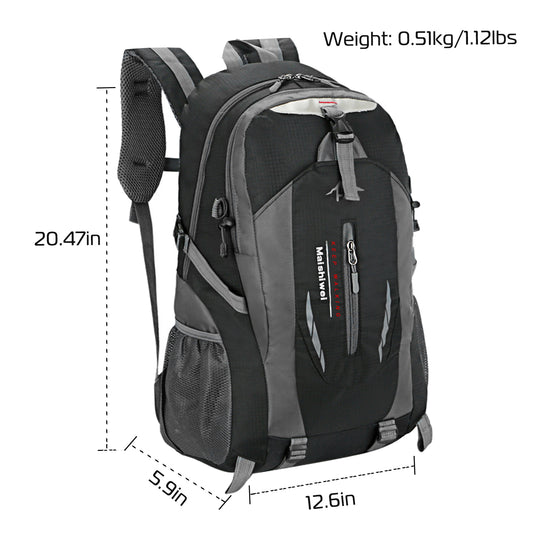 Black and gray backpack with measurements and weight displayed on a white background