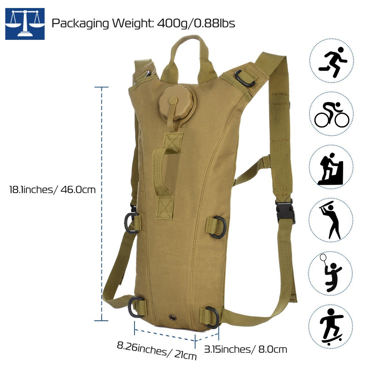 Khaki hydration backpack with measurements and icons on a white background