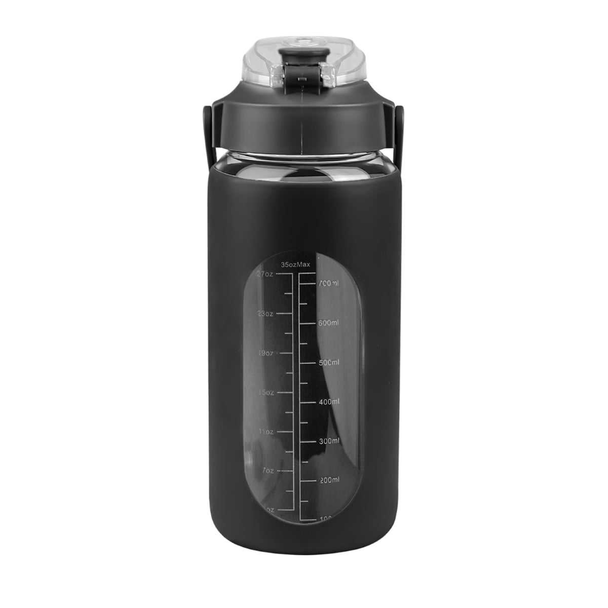 Side view of black water bottle showing measurement scale window