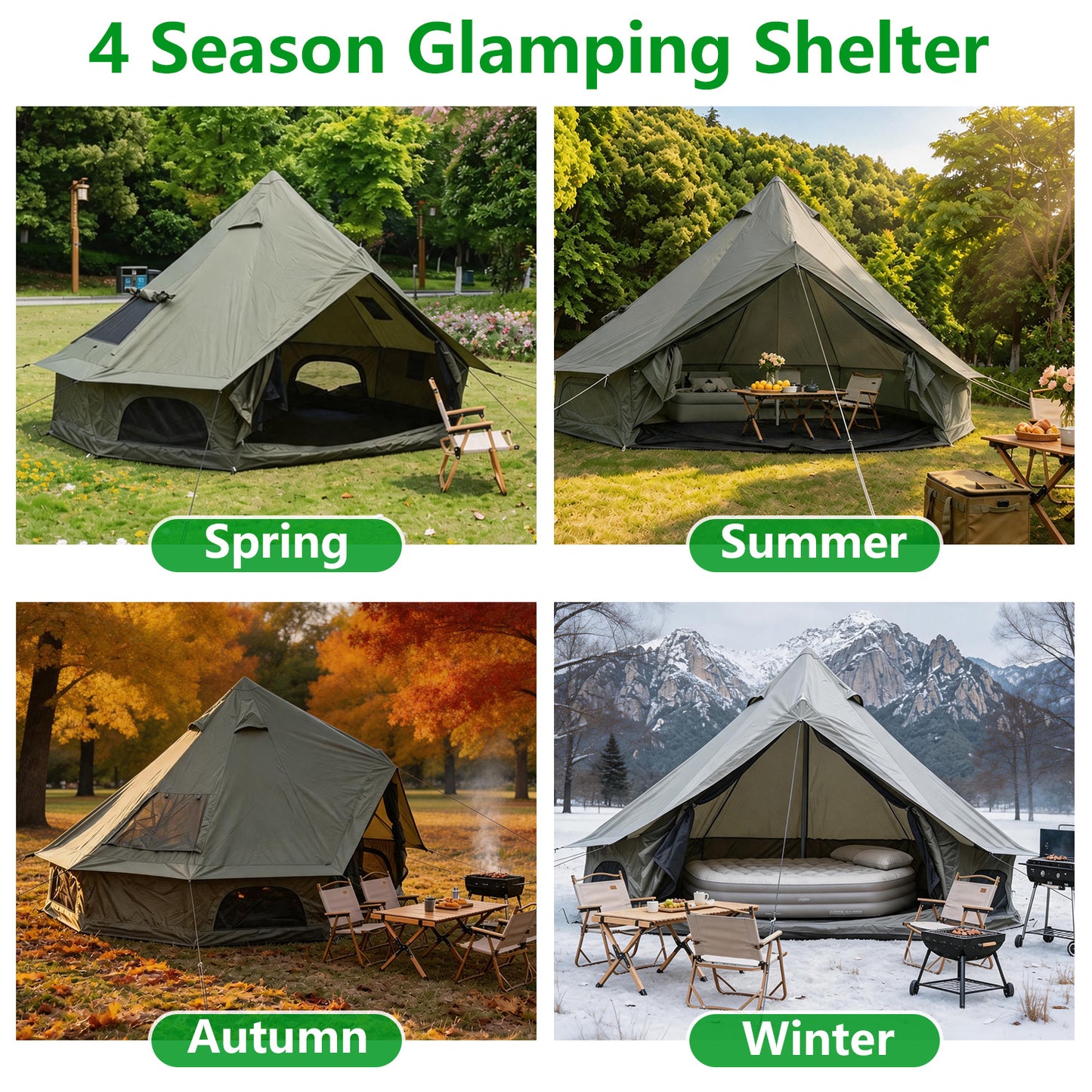 Dark Green 9.8 FT Oxford Bell Tent with Stove Jack – 3–4 Person
