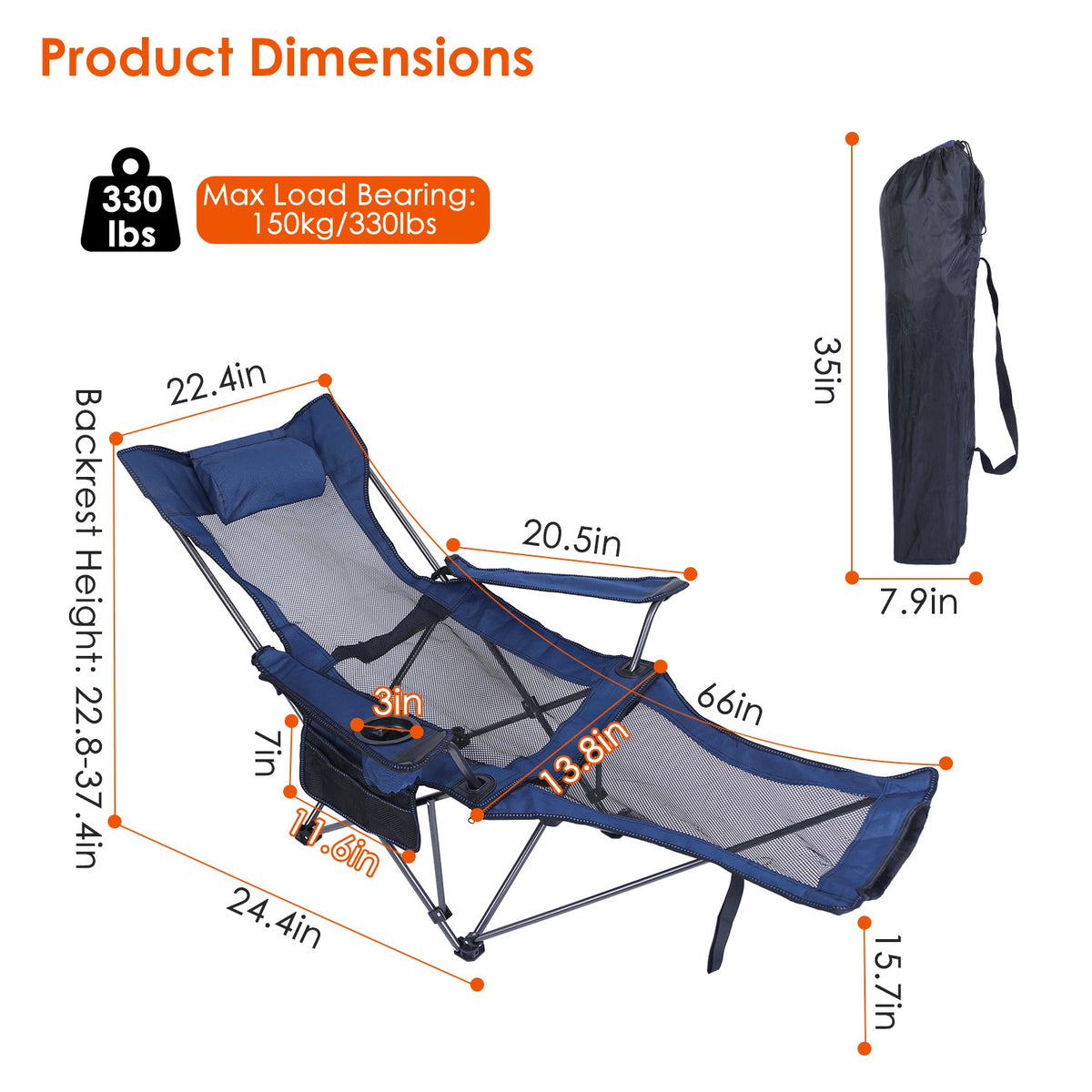 Measurement chart of a folding chair with dimensions and product details.