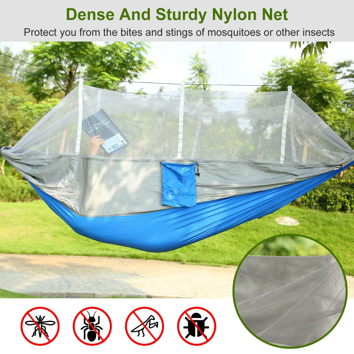 Blue hammock with mosquito net in a natural setting, protecting from insects.