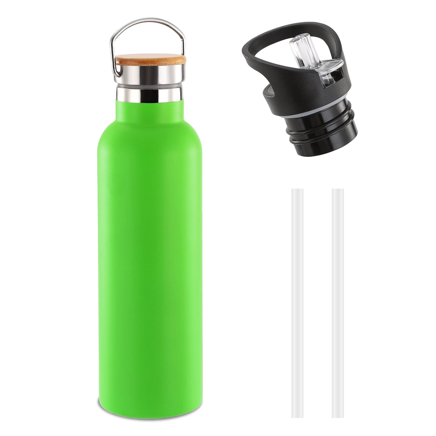 Green water bottle with bamboo cap, black spout, and two straws on a white background