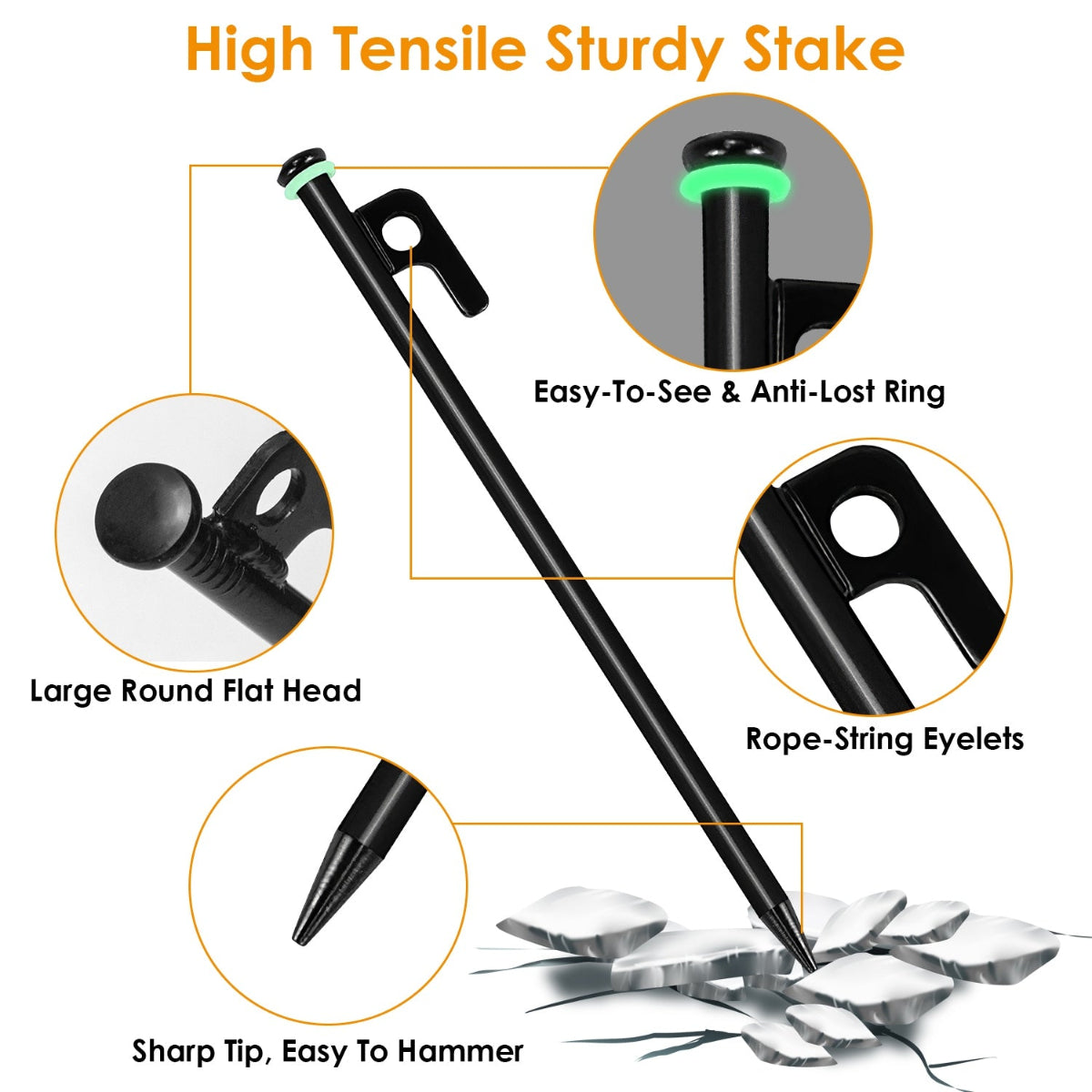 Black high tensile sturdy stake with features highlighted on a white background