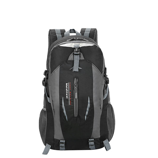 A black and gray hiking backpack with multiple zippered compartments, side mesh pockets, and padded shoulder straps, shown against a plain white background.