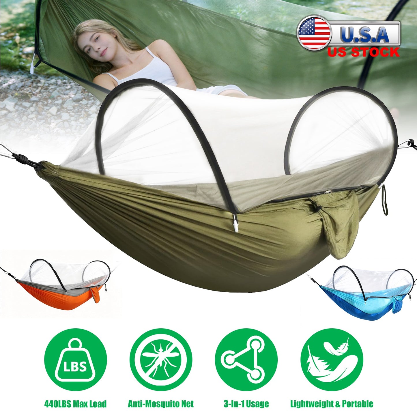 Lake Forest 3-in-1 Camping Hammock with Mosquito Net – Army Green