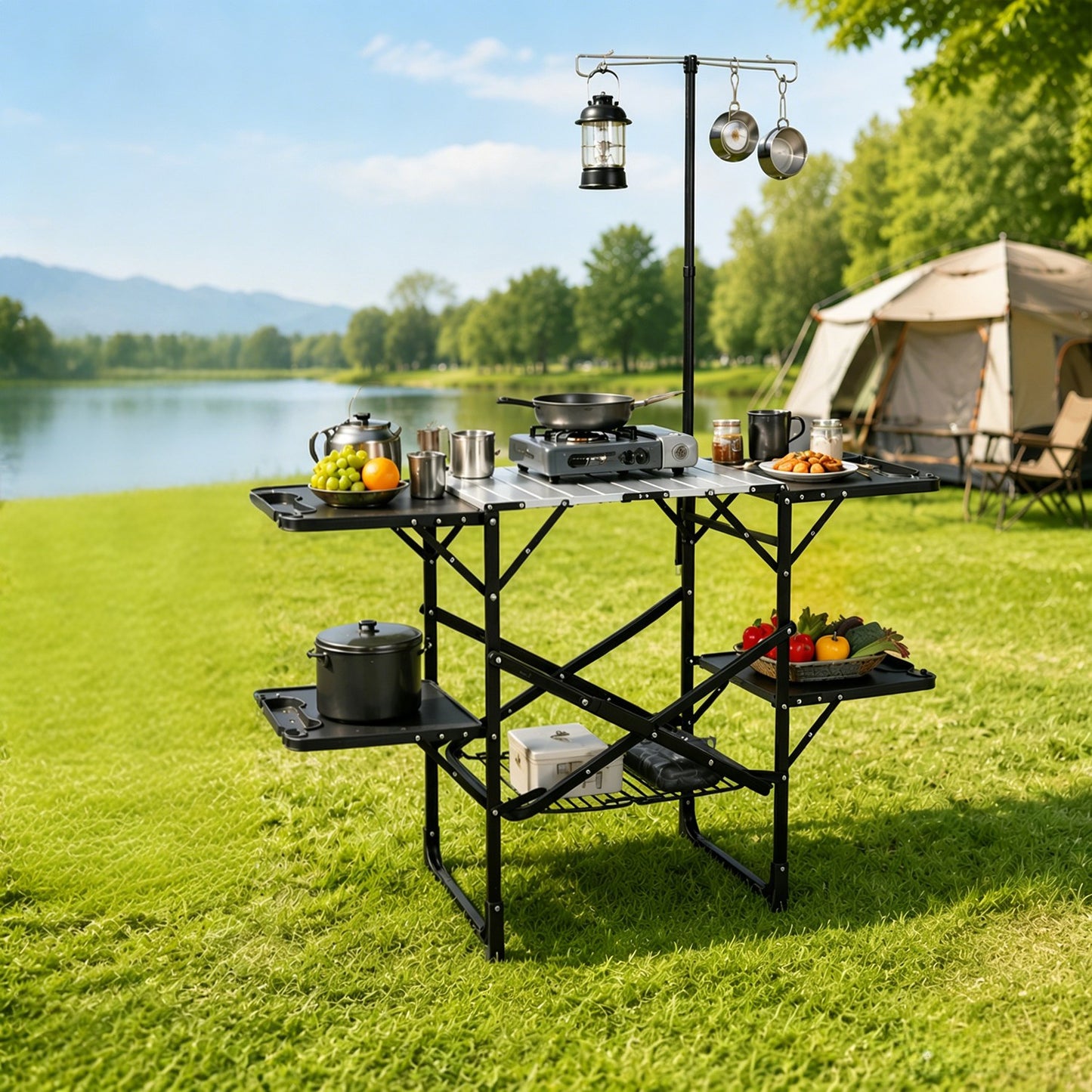 Black Folding Camping Kitchen Table with Lamp Post & 4 Side Tables