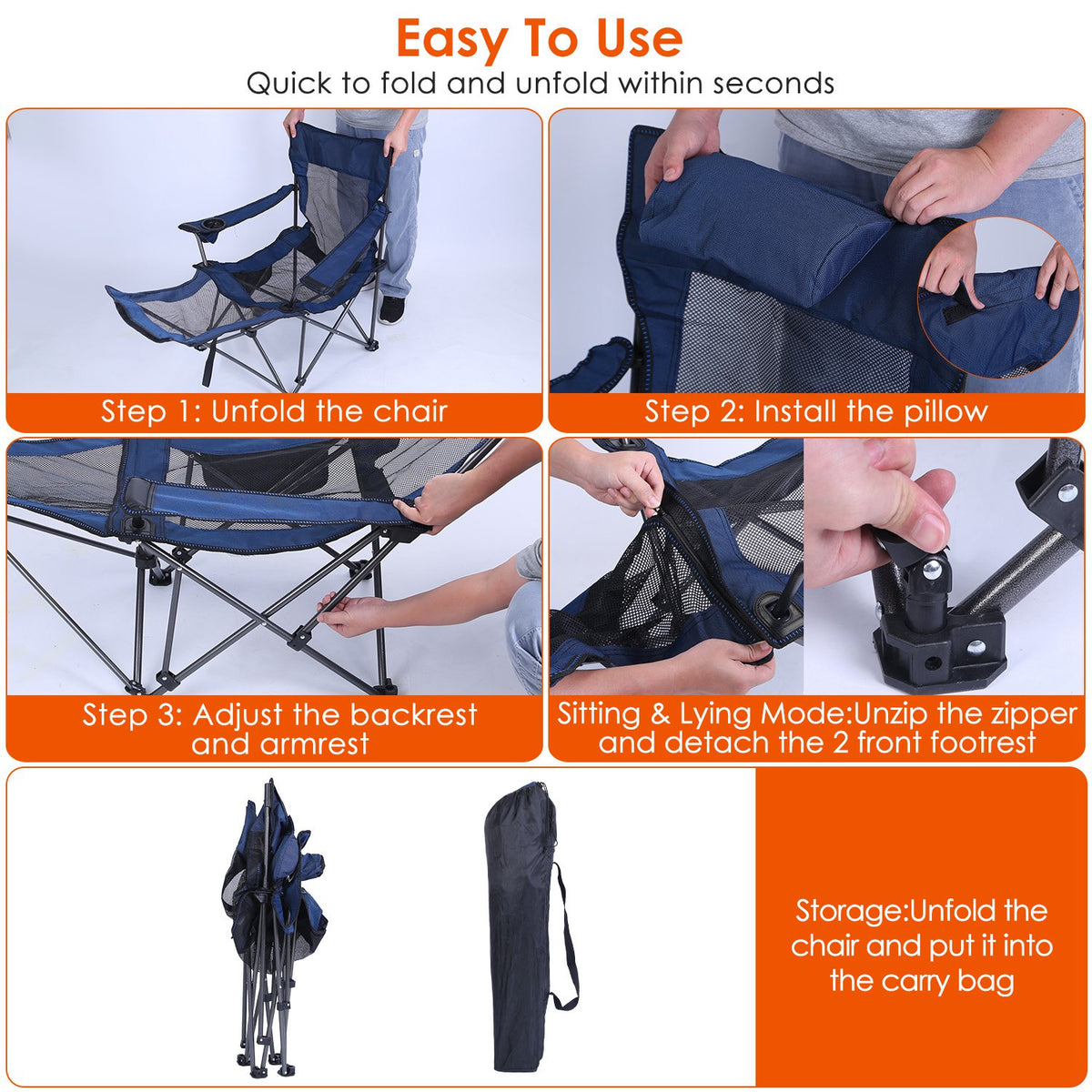 Step-by-step guide on how to use a folding chair with text indicating ease of use.