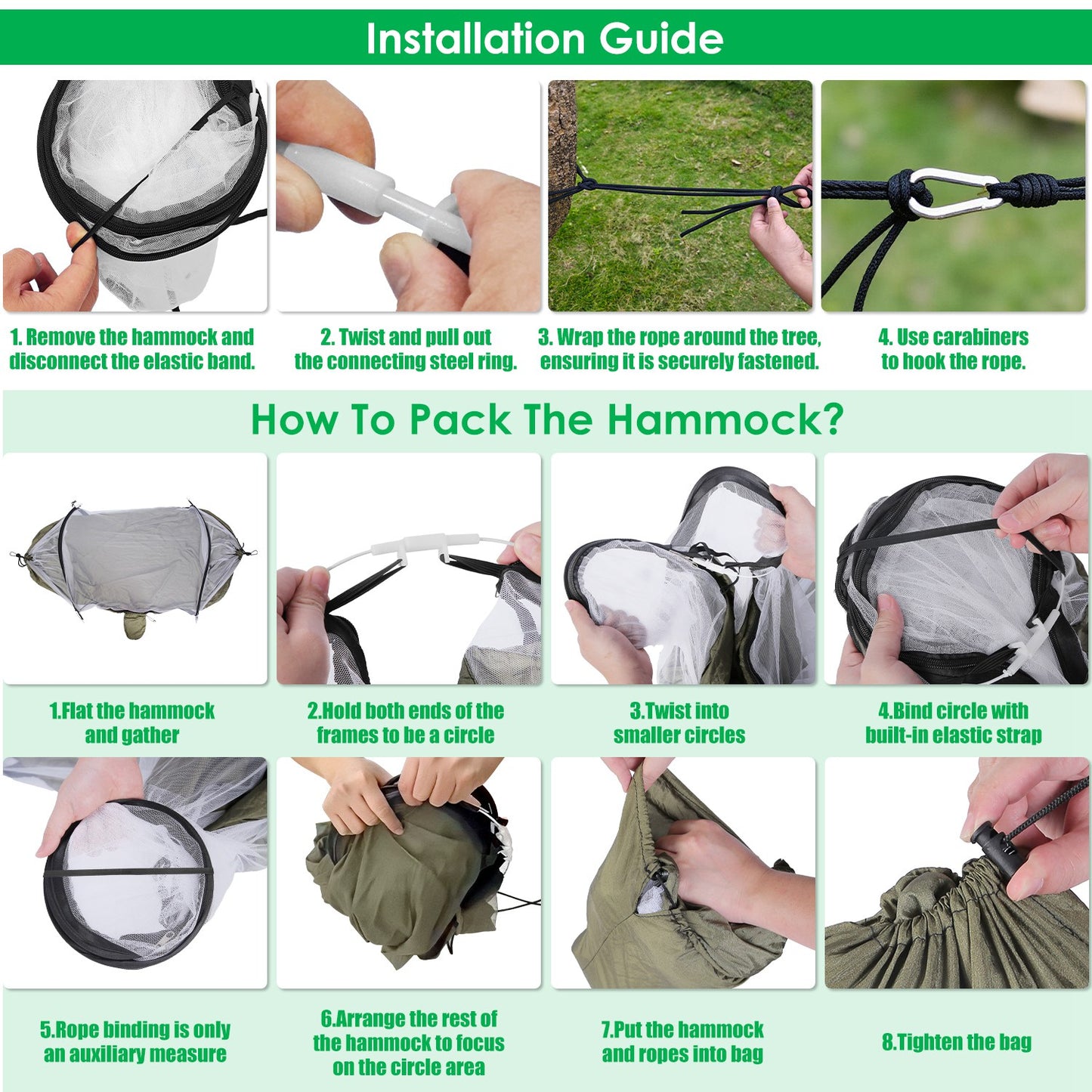 Step-by-step installation and packing guide for a hammock with visual instructions.