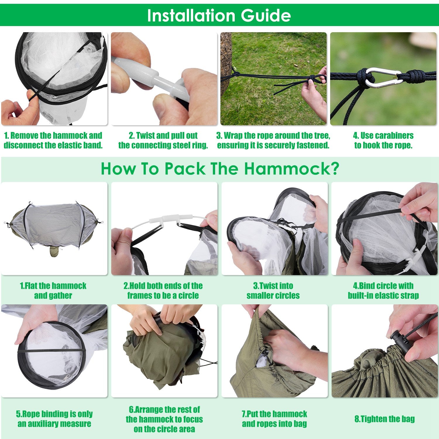 Step-by-step installation and packing guide for a hammock with visual instructions.