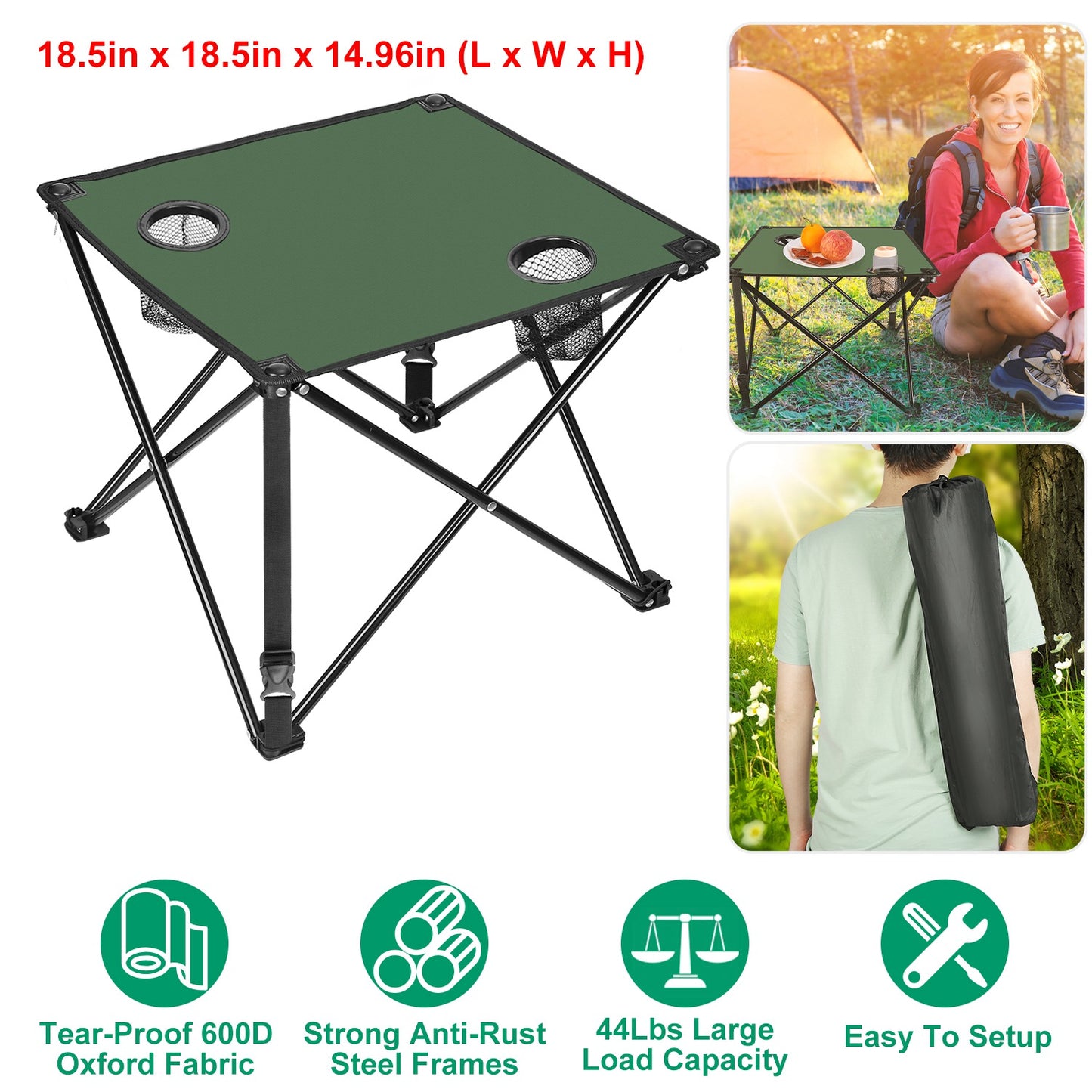 Lake Forest Green Portable Folding Camping Table with 2 Cup Holders