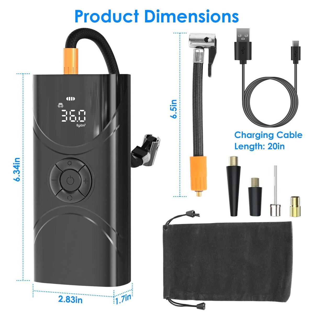 Cordless Tire Inflator - 150 PSI, 6000mAh, LCD & Presets (Flashlight) — camping tools, view 9