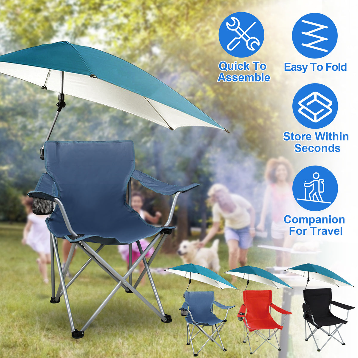 Camping chair with umbrella in a park setting, featuring assembly and storage icons.