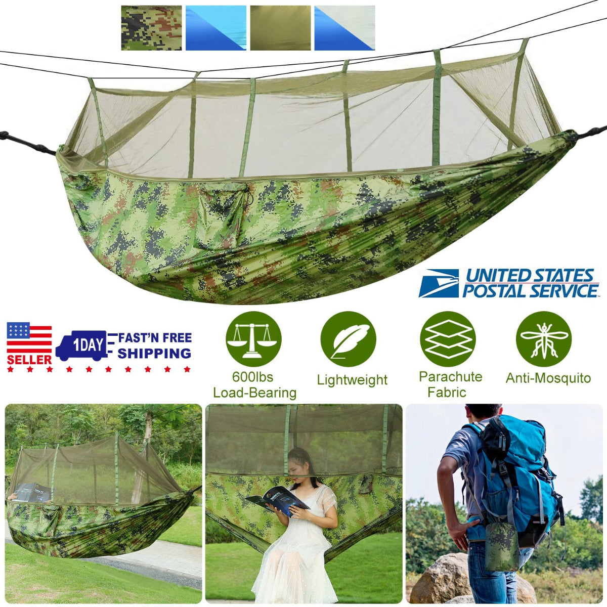 Camouflage hammock with mosquito netting on a white background, featuring USPS logo and product features.