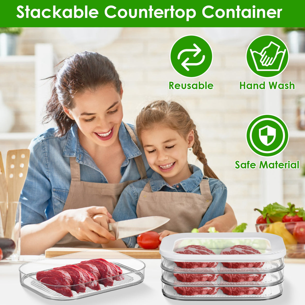 Woman and child in aprons preparing food with stackable countertop containers, emphasizing reusability, hand washability, and safe material.