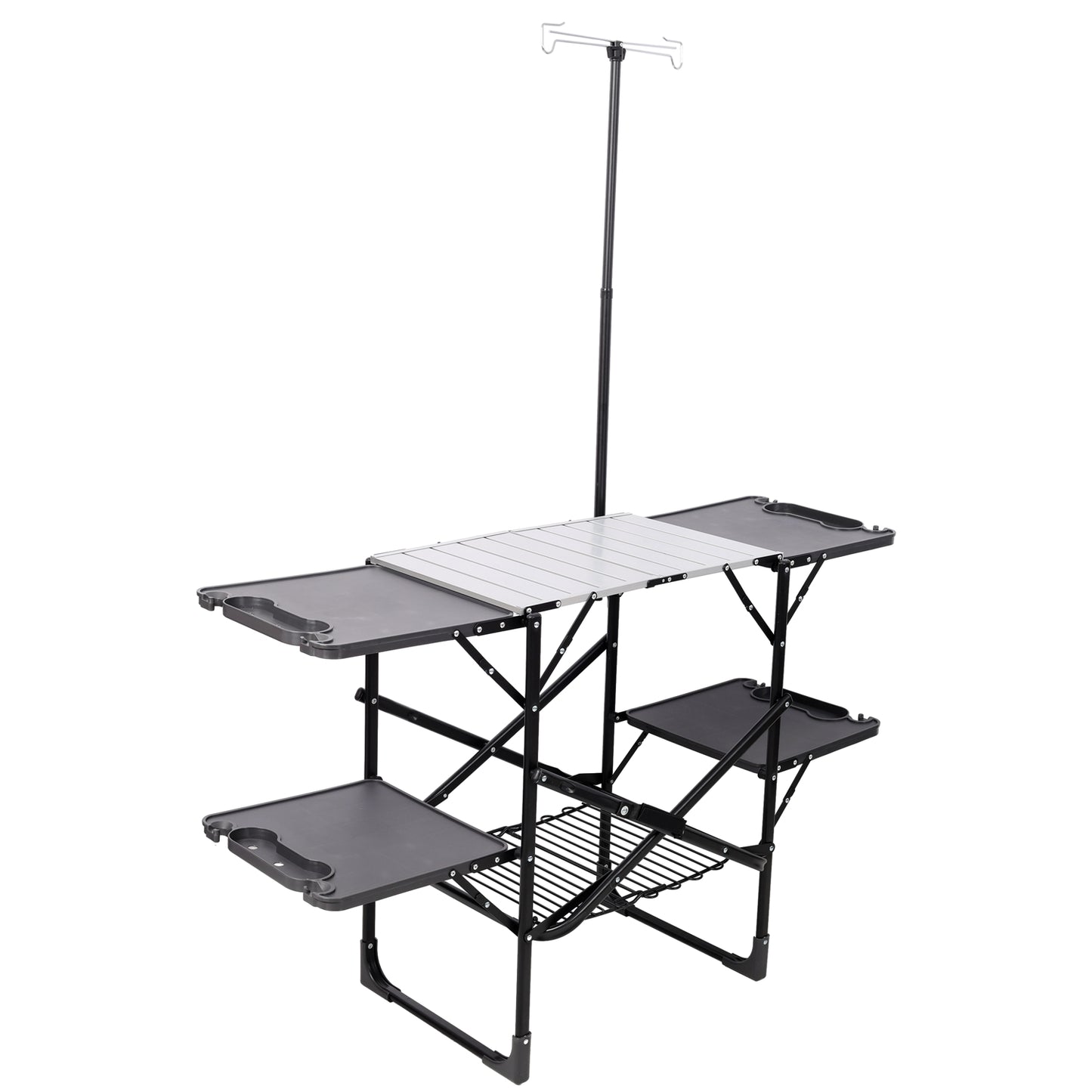 Black Folding Camping Kitchen Table with Lamp Post & 4 Side Tables