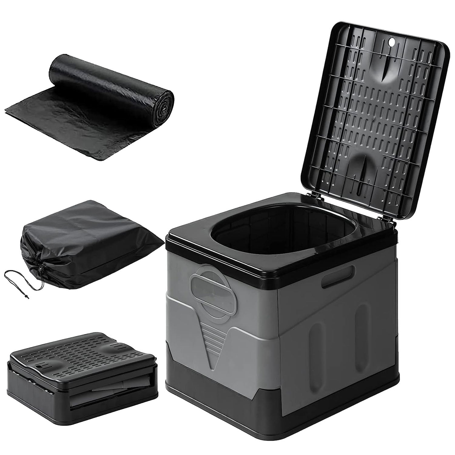 Portable composting toilet with accessories on a white background