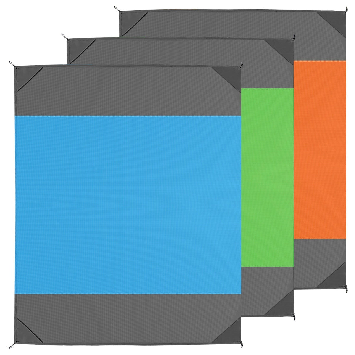 Three colorful mats with blue, green, and orange sections on a white background