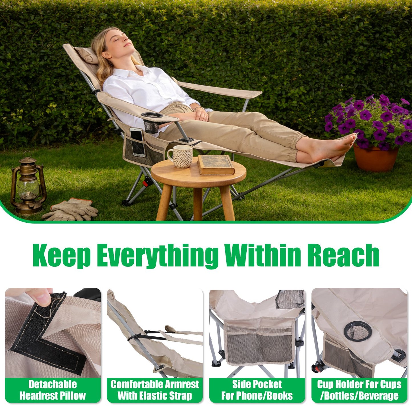 Lake Forest Khaki Reclining Camping Chair with Detachable Footrest